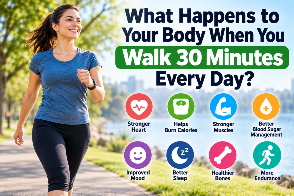 Woman walking outdoors for exercise, illustrating the health benefits of walking 30 minutes every day, including heart health, stronger muscles, better mood, and improved endurance