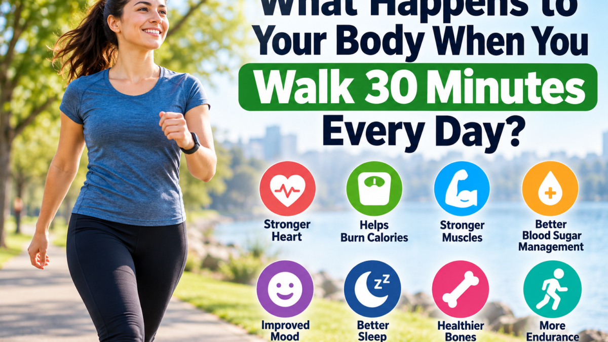Woman walking outdoors for exercise, illustrating the health benefits of walking 30 minutes every day, including heart health, stronger muscles, better mood, and improved endurance