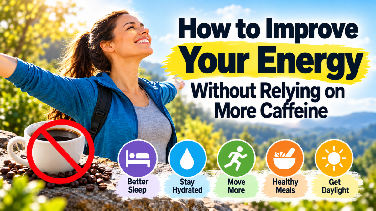 Woman enjoying morning sunlight outdoors with icons representing better sleep, hydration, movement, healthy meals, and daylight as natural ways to improve energy without relying on more caffeine.