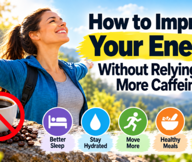 Woman enjoying morning sunlight outdoors with icons representing better sleep, hydration, movement, healthy meals, and daylight as natural ways to improve energy without relying on more caffeine.