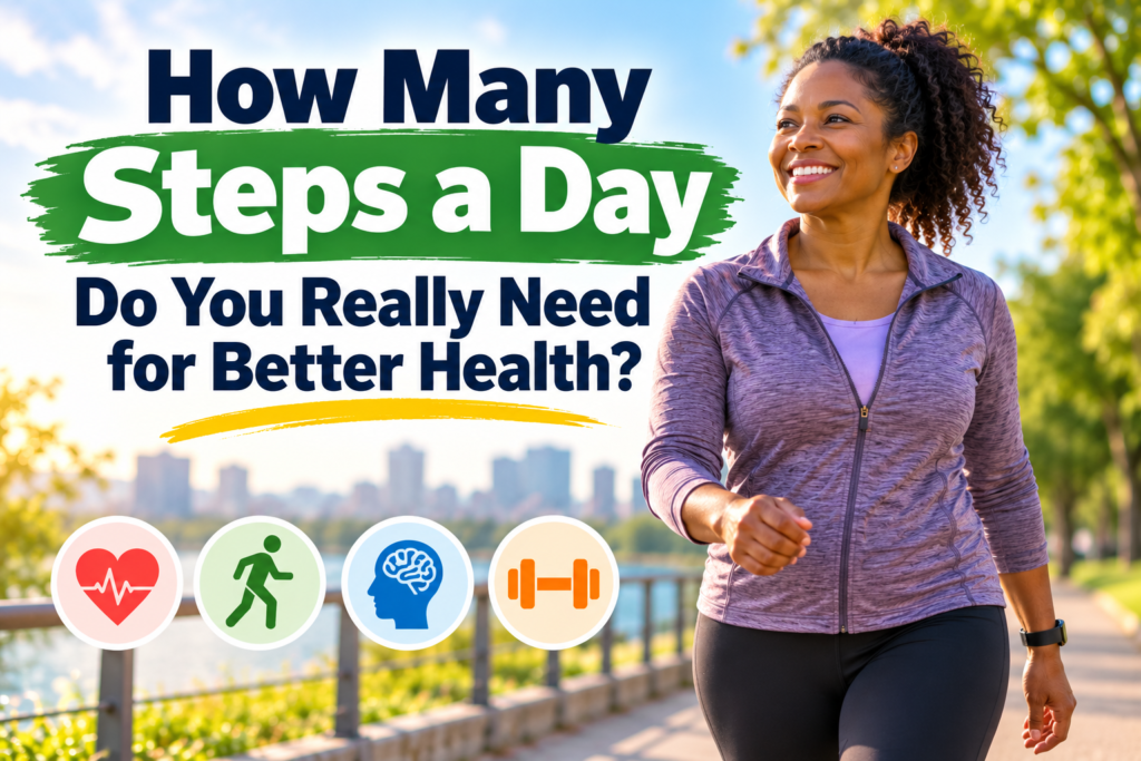 Black woman walking outdoors for better health, illustrating how many steps a day are needed for improved fitness and wellness.