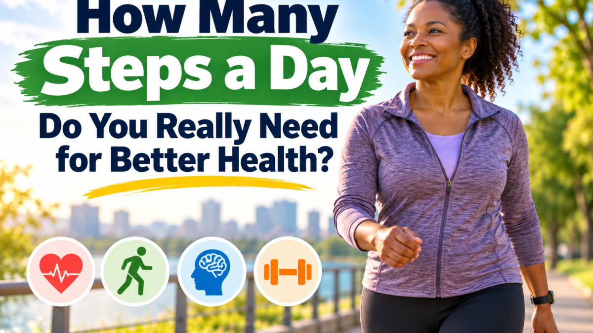 Black woman walking outdoors for better health, illustrating how many steps a day are needed for improved fitness and wellness.
