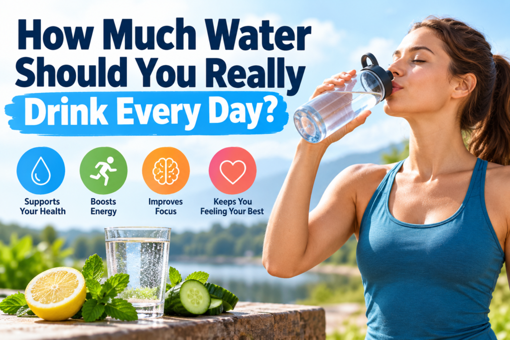 Woman drinking water from a reusable bottle outdoors with a glass of water, lemon, cucumber, and hydration benefit icons.