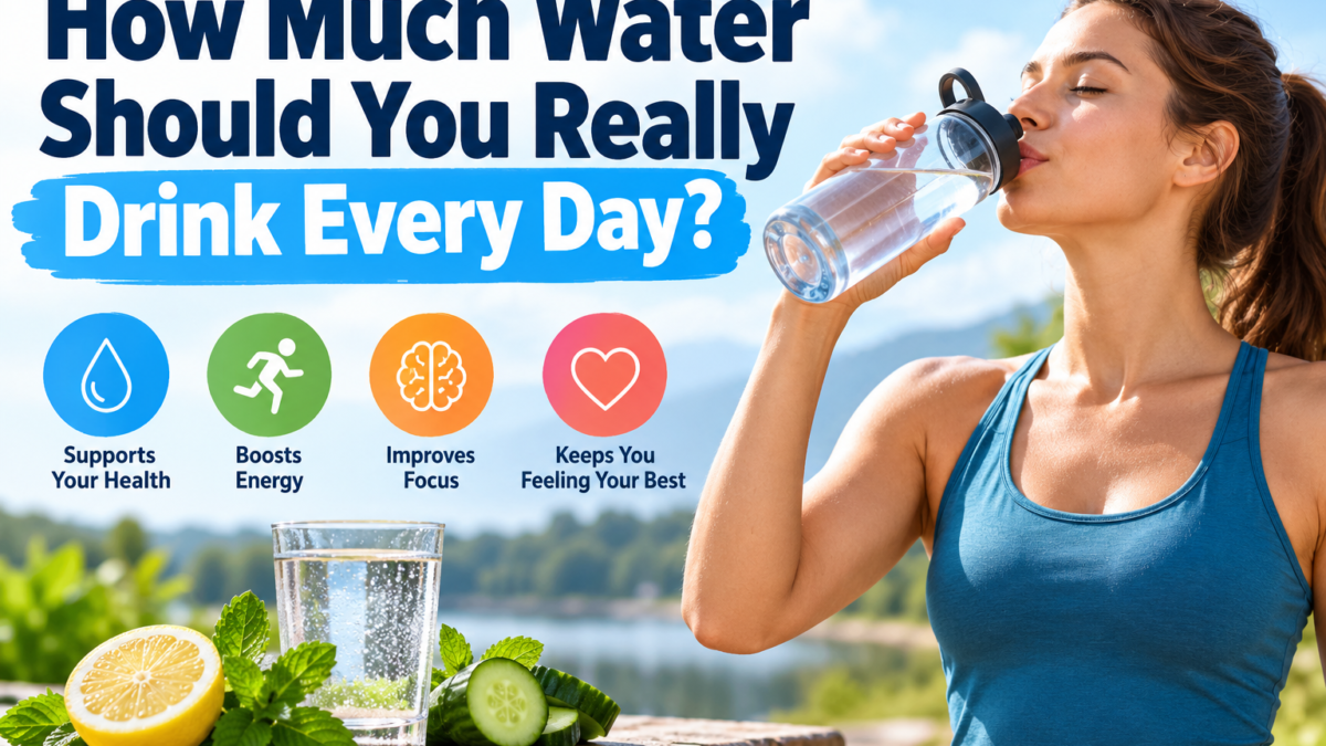 Woman drinking water from a reusable bottle outdoors with a glass of water, lemon, cucumber, and hydration benefit icons.