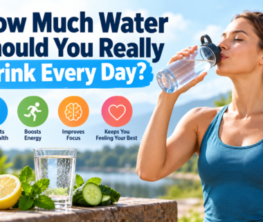 Woman drinking water from a reusable bottle outdoors with a glass of water, lemon, cucumber, and hydration benefit icons.