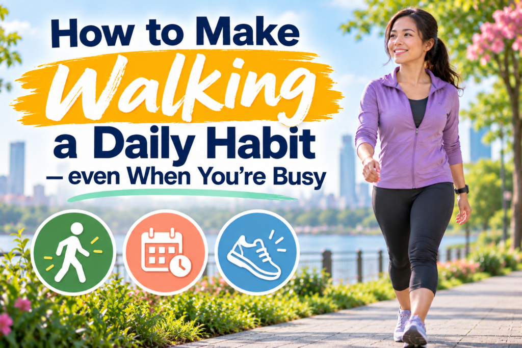 Woman walking outdoors on a sunny path while building a daily walking habit despite a busy schedule.