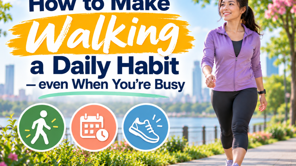 Woman walking outdoors on a sunny path while building a daily walking habit despite a busy schedule.