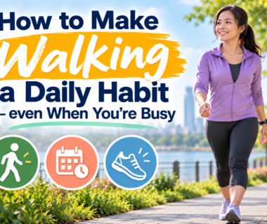 Woman walking outdoors on a sunny path while building a daily walking habit despite a busy schedule.