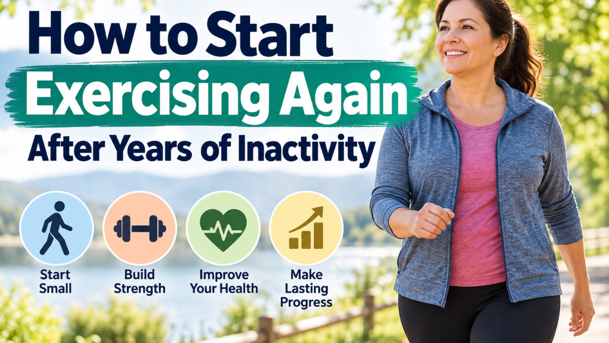Woman walking outdoors as she returns to exercise after years of inactivity, with tips to start small, build strength, improve health, and make lasting progress.