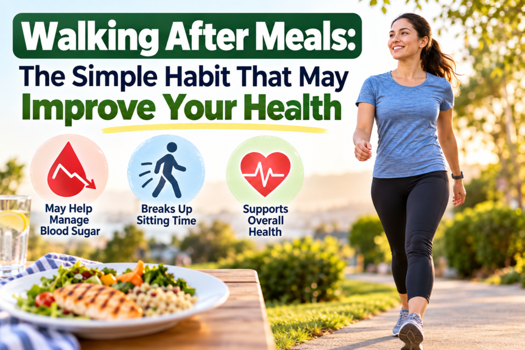 Woman taking a walk after a healthy meal, illustrating how walking after meals may support blood sugar management, reduce sitting time, and improve overall health.