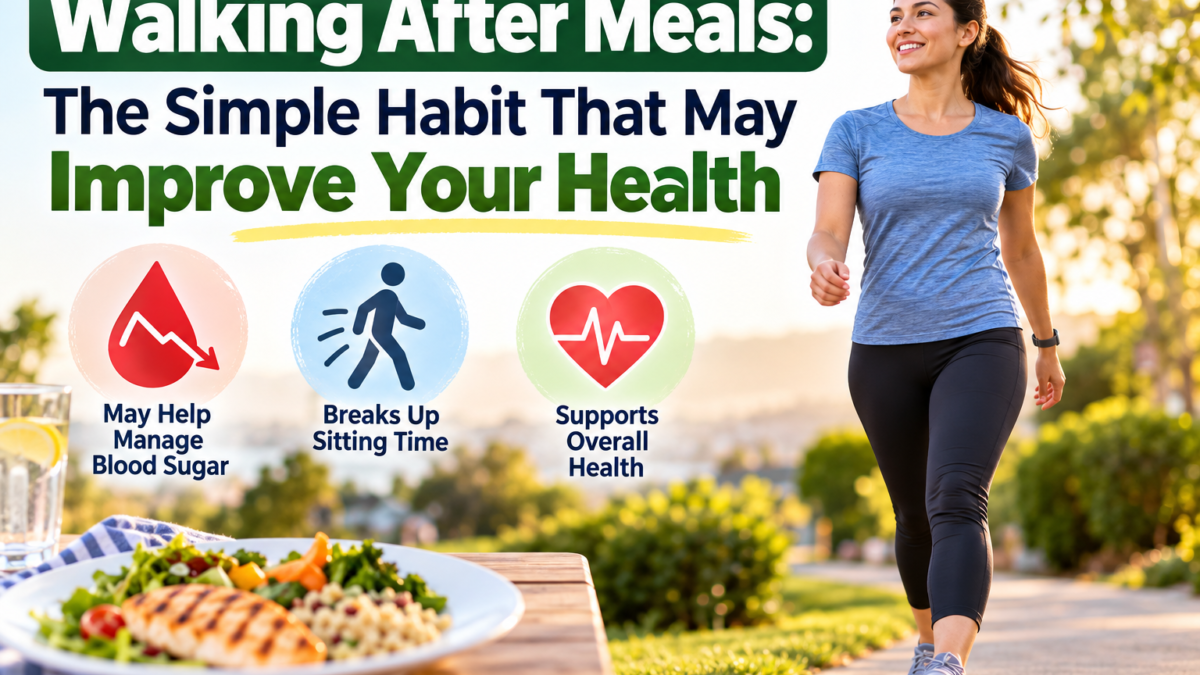 Woman taking a walk after a healthy meal, illustrating how walking after meals may support blood sugar management, reduce sitting time, and improve overall health.