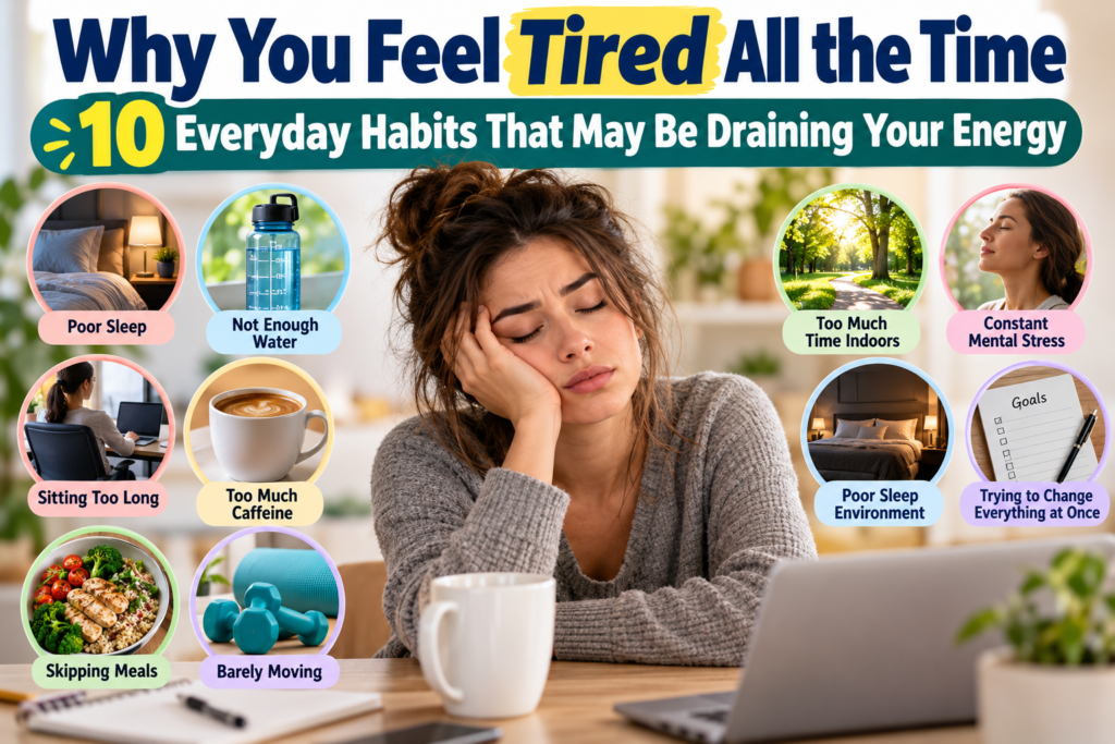 Tired woman sitting at a desk surrounded by images representing 10 everyday habits that may drain energy, including poor sleep, dehydration, too much caffeine, sitting too long, skipped meals, inactivity, stress, and too much time indoors.