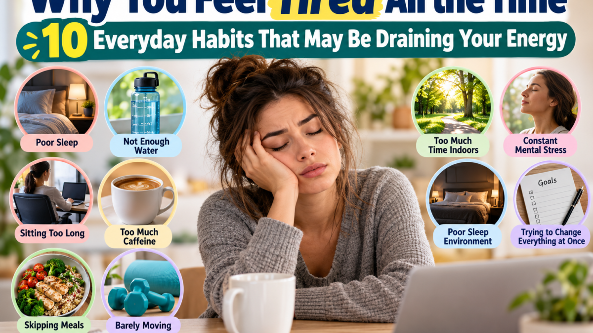 Tired woman sitting at a desk surrounded by images representing 10 everyday habits that may drain energy, including poor sleep, dehydration, too much caffeine, sitting too long, skipped meals, inactivity, stress, and too much time indoors.