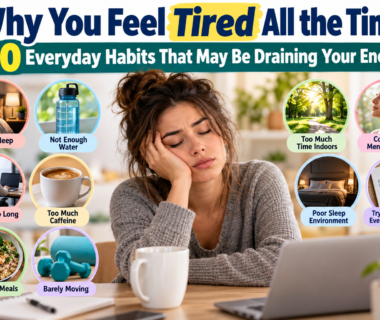 Tired woman sitting at a desk surrounded by images representing 10 everyday habits that may drain energy, including poor sleep, dehydration, too much caffeine, sitting too long, skipped meals, inactivity, stress, and too much time indoors.