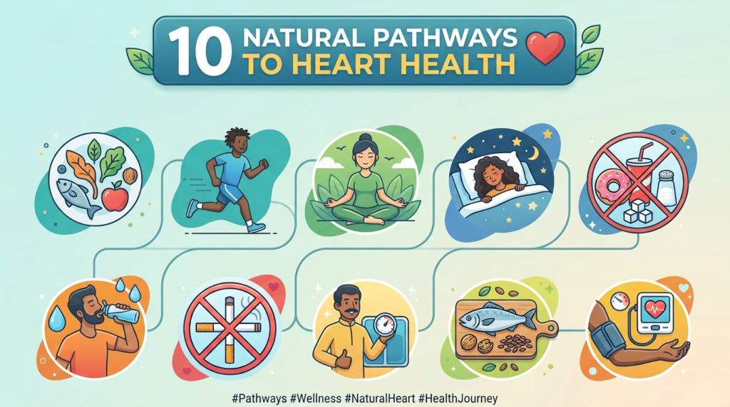 Infographic featuring 10 natural pathways to heart health represented by diverse icons and multicultural people practicing healthy lifestyle habits.