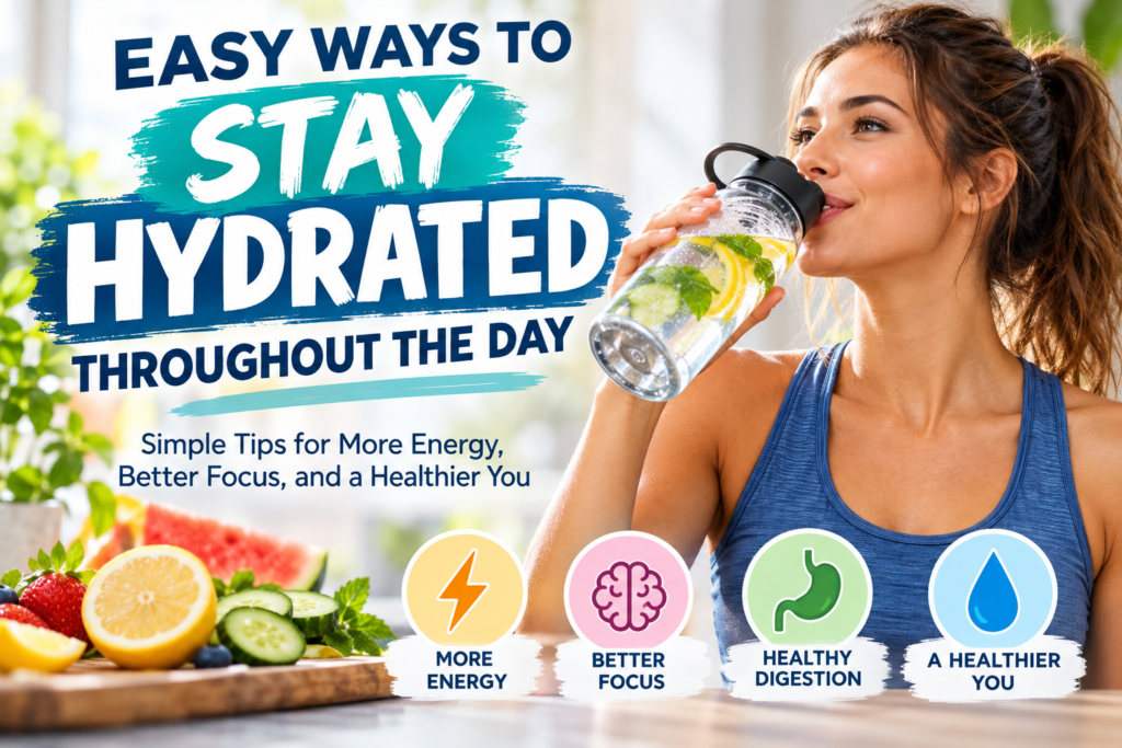 Woman drinking lemon-infused water from a reusable bottle, illustrating easy ways to stay hydrated throughout the day for better health and energy.