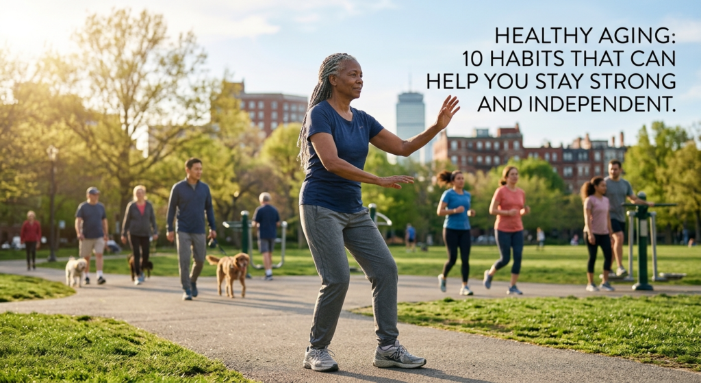 An active older Black woman practicing Tai Chi outdoors in a sunny park with diverse people staying fit in the background.