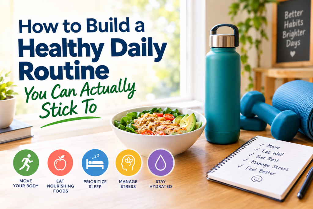 A healthy daily routine featuring a nutritious salad, reusable water bottle, dumbbells, yoga mat, and wellness checklist.
