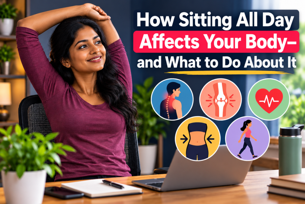 Indian woman stretching at her home office desk, illustrating how sitting all day affects the body and ways to stay active.