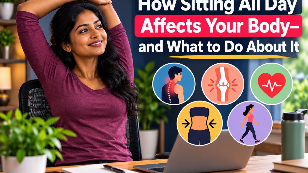 Indian woman stretching at her home office desk, illustrating how sitting all day affects the body and ways to stay active.