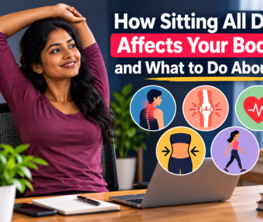 Indian woman stretching at her home office desk, illustrating how sitting all day affects the body and ways to stay active.