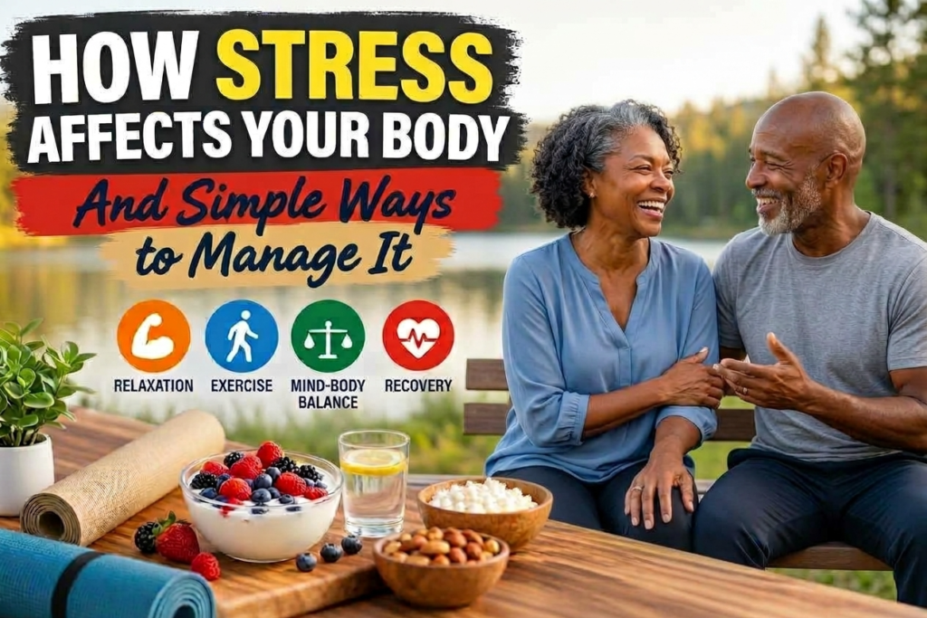 Smiling older couple sitting on a outdoor bench discussing simple ways to manage stress