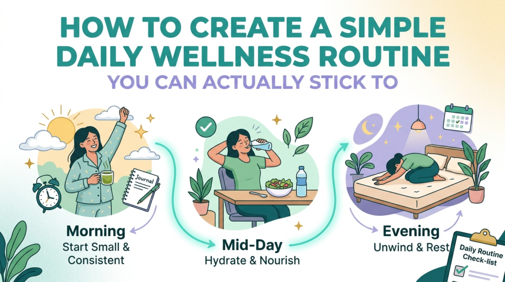 Graphic illustrating how to create a simple daily wellness routine broken down into morning, mid-day, and evening steps.
