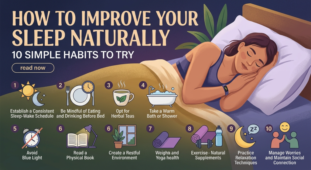 Infographic showing 10 simple habits to improve sleep naturally, featuring a woman sleeping peacefully with a fitness tracker.