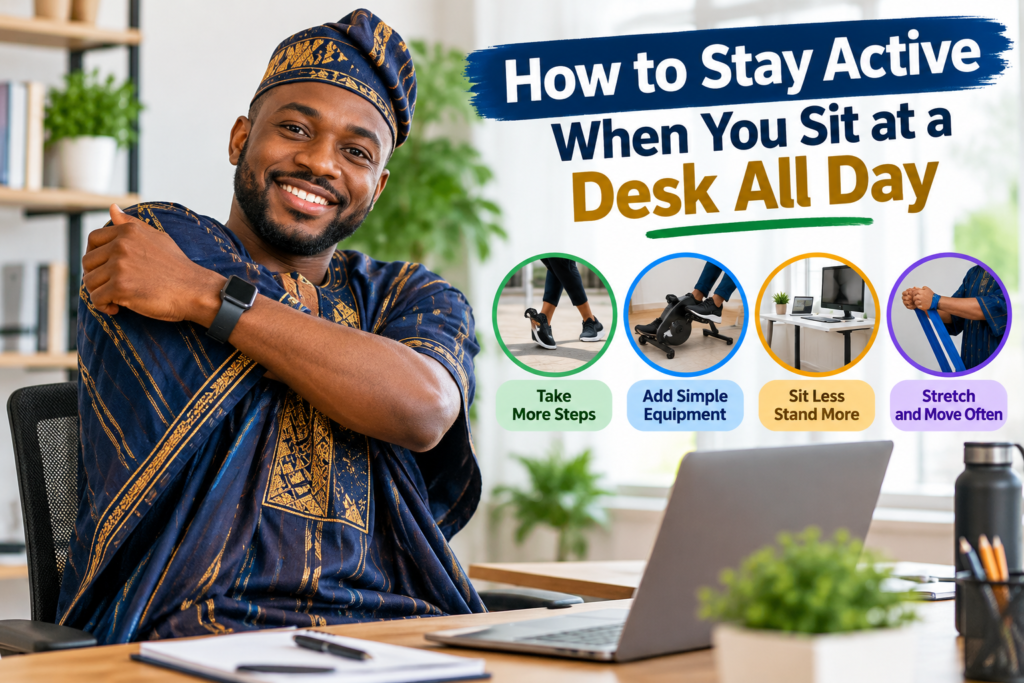Nigerian man in traditional African attire stretching at his desk, illustrating ways to stay active while working at a desk all day.