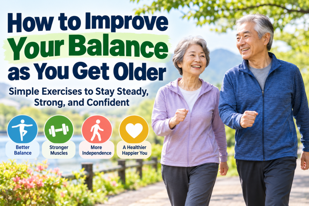 Older Japanese couple walking together in a beautiful park, promoting balance exercises, stronger muscles, improved stability, and healthy aging.