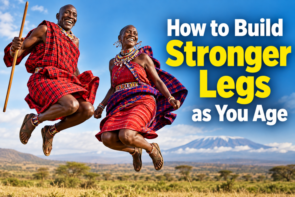 Older Maasai couple jumping energetically outdoors, representing stronger legs, mobility, balance, and healthy aging.