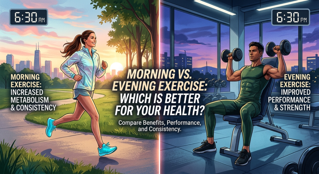 Split illustration showing morning outdoor running at 6:30 AM vs evening indoor strength training at 6:30 PM.
