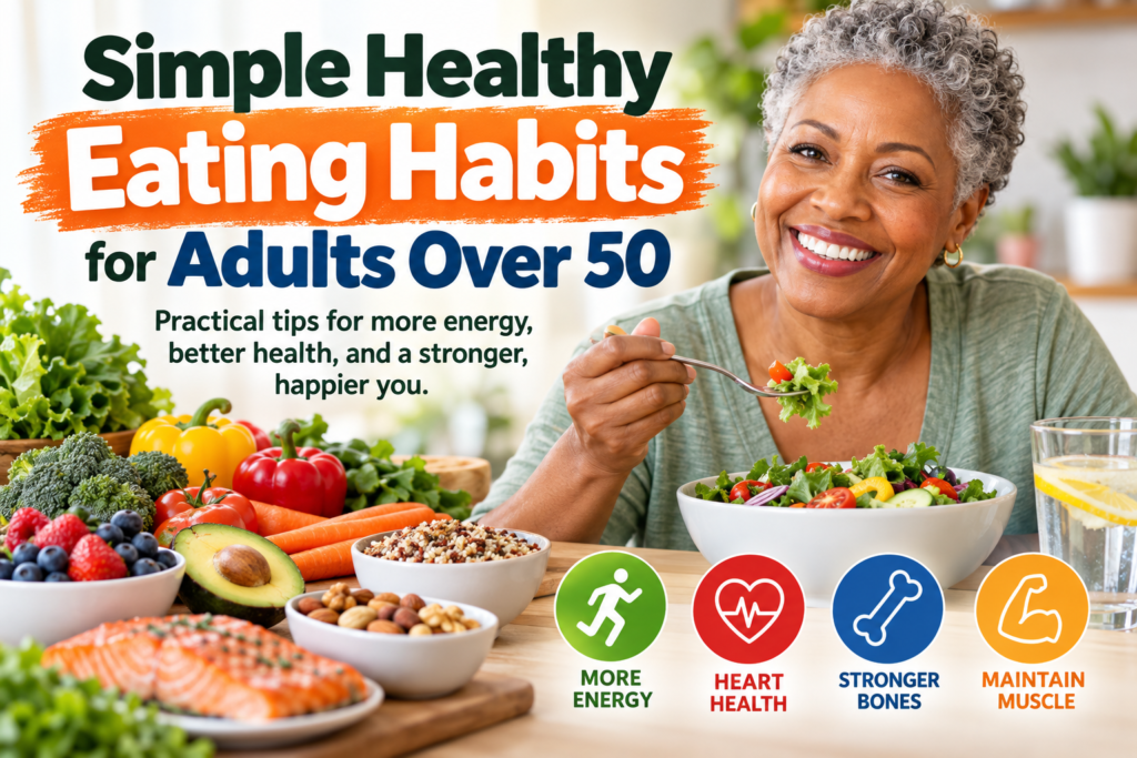 Smiling Black woman over 50 enjoying a fresh vegetable salad, surrounded by healthy foods including salmon, fruits, vegetables, whole grains, and nuts, illustrating simple healthy eating habits for adults over 50.