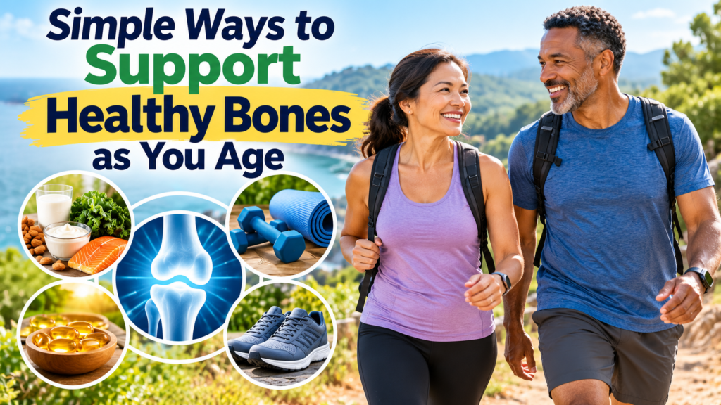 A smiling, middle-aged mixed-race couple enjoys an outdoor walk, illustrating healthy aging and bone health. The graphic highlights calcium-rich foods, strength training, vitamin D, and walking shoes.