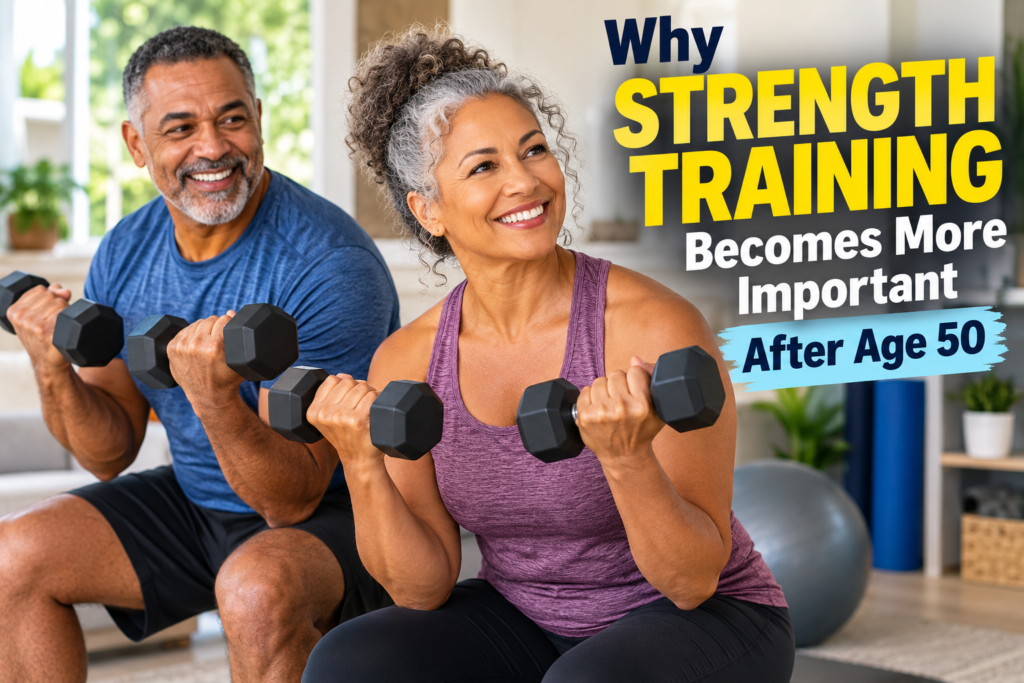 Woman over 50 performing strength training with dumbbells outdoors, highlighting the benefits of preserving muscle, supporting bone health, improving balance, and maintaining independence.