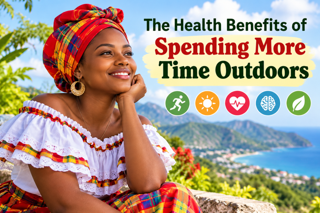 Haitian woman in colorful traditional dress enjoying a sunny outdoor setting overlooking green mountains and the ocean, representing the health benefits of spending more time outdoors.