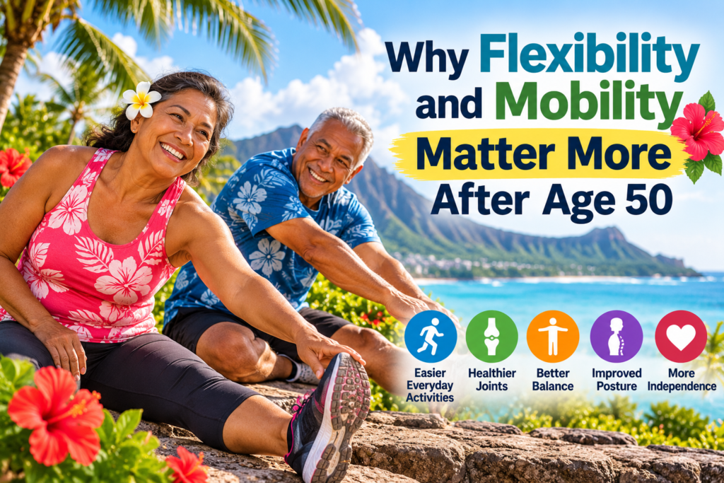 Older Hawaiian couple practicing gentle stretching exercises outdoors beside a tropical beach, demonstrating the importance of flexibility and mobility after age 50.