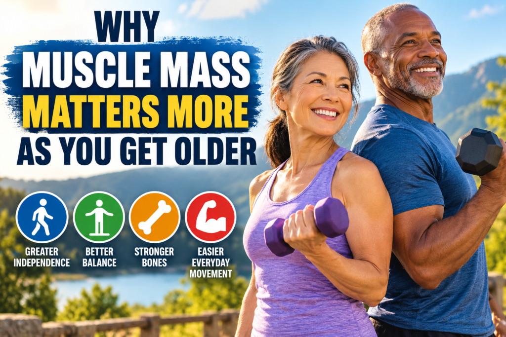 Older Asian woman and Black man lifting dumbbells outdoors, illustrating why maintaining muscle mass is important for strength, balance, bone health, and independence as you get older.