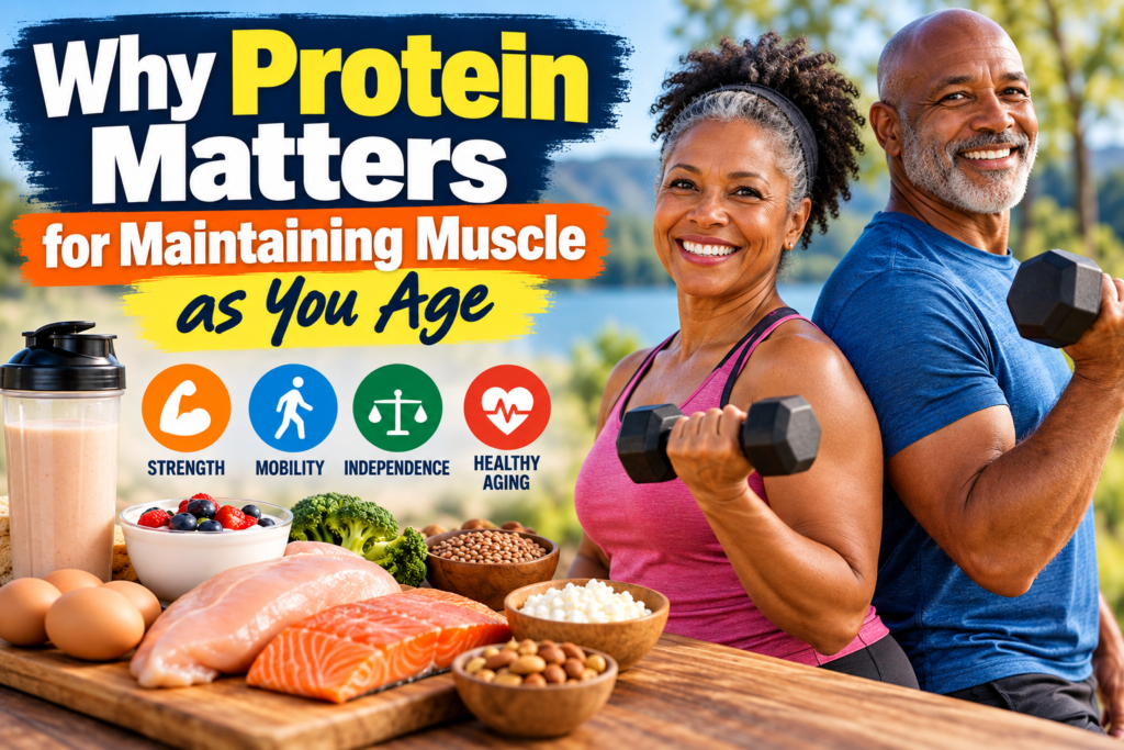 Older Black couple smiling while lifting dumbbells outdoors, surrounded by protein-rich foods that support muscle maintenance and healthy aging.