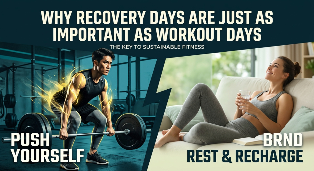 Split graphic featuring an athlete lifting heavy weights next to a relaxed person resting on a couch, illustrating workout vs recovery days.